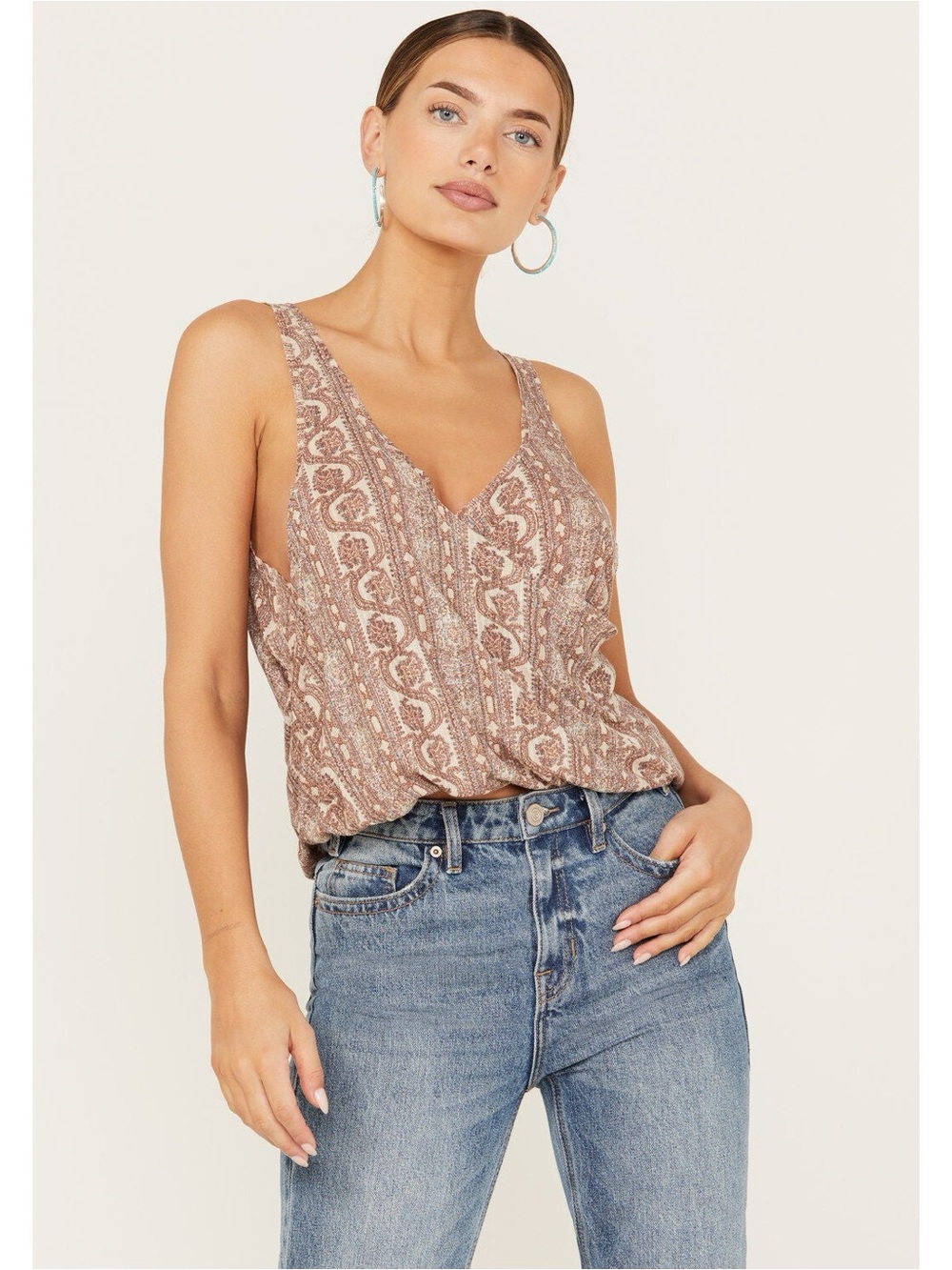 We The Free Brown Paisley Draped V-Neck Tank